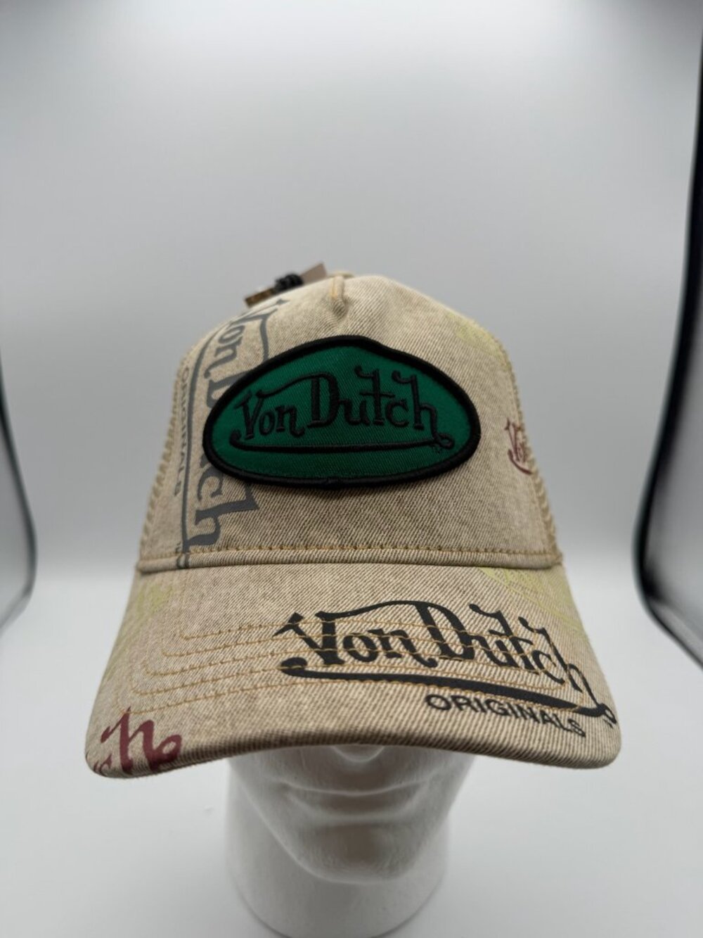 Von Dutch Trucker Hat Tagged Denim Khaki Snapback Cap